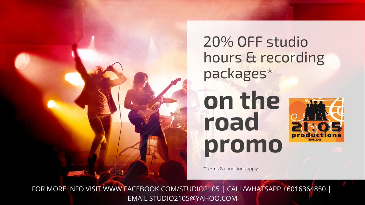 [PROMO] Touring &amp; gigging musicians! Book a session 72-hours before/after the date of your show &amp; enjoy 20% off studio rates &amp; packages. T&amp;C apply  #Studio2105 #DirectAccess #MixStream #ontheroad #indiemusician #livegig