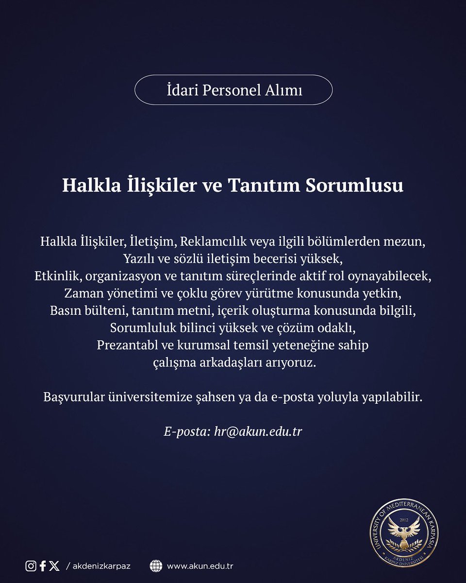 İdari Personel Alımı: Halkla İlişkiler ve Tanıtım Sorumlusu