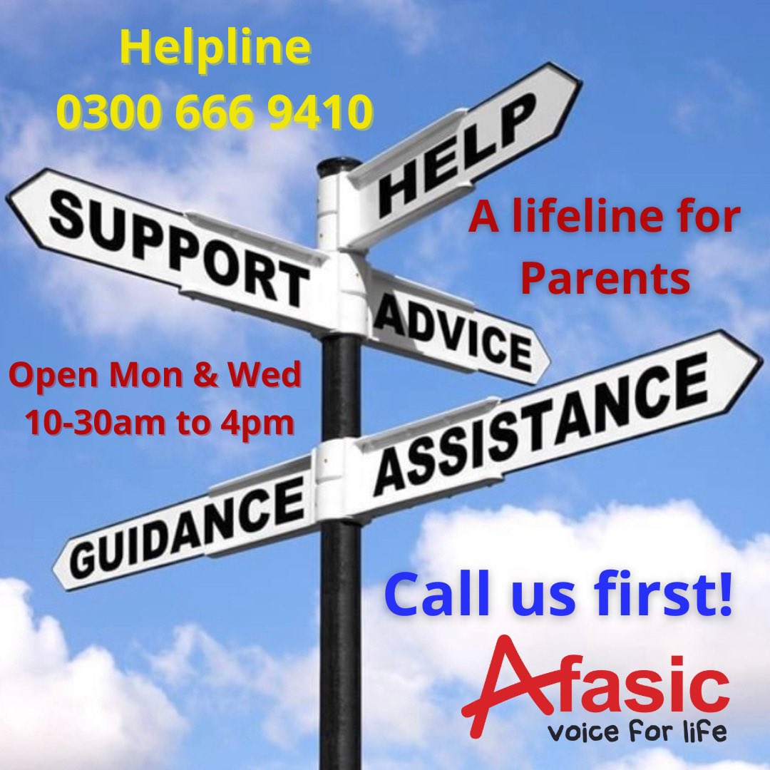 Afasic's tweet image. The Afasic helpline is open Mondays & Wednesdays 10.30am till 4.00pm to discuss difficulties your child may have with speech & language. 📞 0300 666 9410
afasic.org.uk
📧 Info@afasic.org.uk
afasic.org.uk/the-afasic-hel…