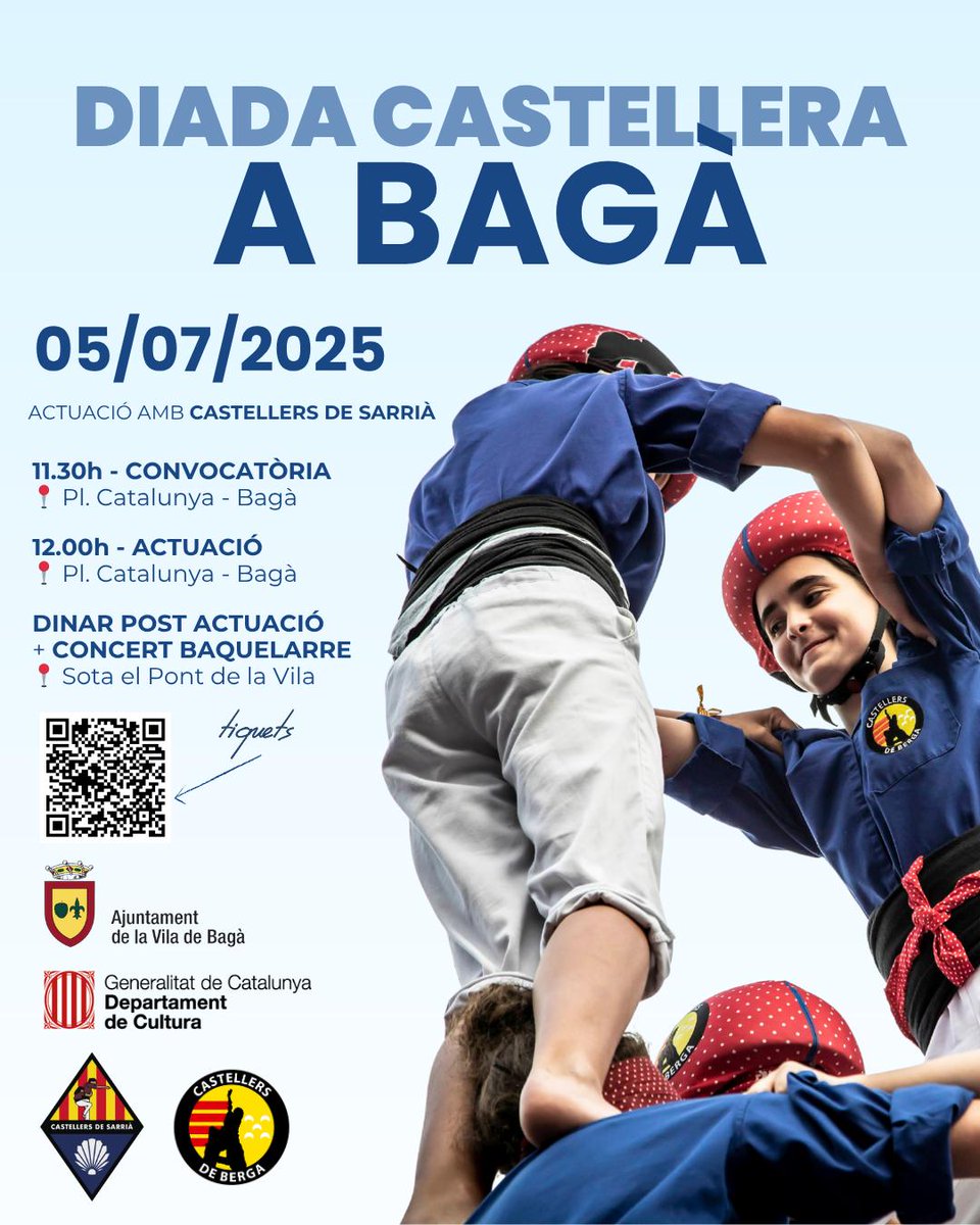 5/7-DIADA CASTELLERA A BAGÀ
9h esmorzar de peu de porc sense feina + muntar taules i barres pel dinar (sota el pont de la Vila)

Diada:
📍Plaça Catalunya 
Convocatòria 11h
🕛Inici 12h

Després:
📍Sota el pont de la Vila
🍔 Fideuà + beguda (5€)
🎶 Concert de folk amb Baquelarre