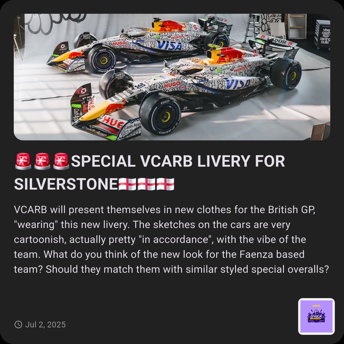 racebuddy25's tweet photo. 🚨🚨🚨SPECIAL VCARB LIVERY FOR SILVERSTONE🏴󠁧󠁢󠁥󠁮󠁧󠁿🏴󠁧󠁢󠁥󠁮󠁧󠁿🏴󠁧󠁢󠁥󠁮󠁧󠁿
FOLLOW US AND DOWNLOAD APP FOR MORE🚨🚨🚨 https://t.co/UODQDA2di2
#f1 #f1app #formula1 #vcarb #isackhadjar #liamlawson #silverstone #britishgp #racebuddy https://t.co/24OFKsZavj