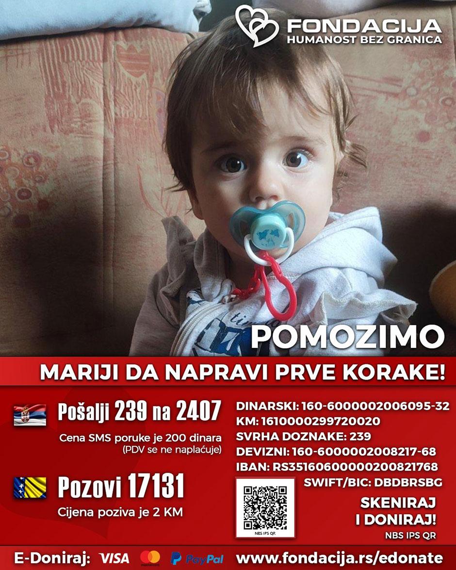 Marija (2023.) je rođena sa deformitetom donjih ekstremiteta. Bez adekvatne terapije i operacije nije moguće da Marija napravi prve korake.

Pomozimo!

🇷🇸  Pošalji SMS: 239 na 2407
🇧🇦  Pozovi: 17131

Skeniraj QR kod!

E-Doniraj - VISA, MasterCard, PayPal:
fondacija.rs/korisnik/455/p…