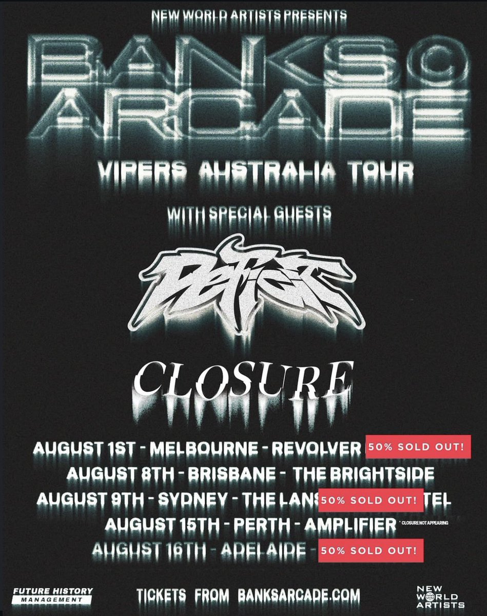 Melbourne, Sydney and Adelaide for the Vipers Tour with <a href="/banksarcade/">Banks Arcade</a> and <a href="/closuresyd/">Closure</a> is over 50% sold out!

You don’t wanna miss out on this one!

#livemusic #tour