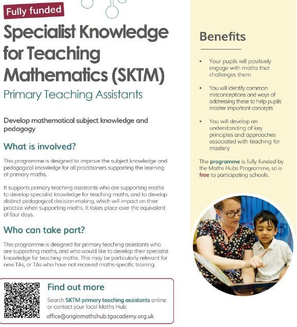 📣 Primary TAs – boost your maths confidence!
Join our SKTM Primary Teaching Assistants Programme for 2025/26.
🧠 Build subject knowledge
📚 Strengthen pedagogy
💸 Fully funded!
👉 Sign up: buff.ly/39JUOnR
#MathsHub #SKTM #PrimaryTAs