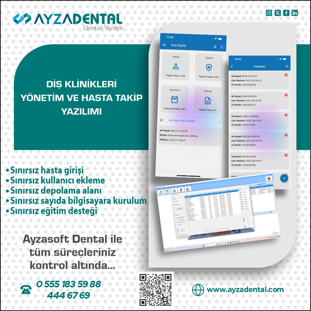 ayzasoftware's tweet photo. Diş Klinikleri Yönetim ve Hasta Takip Yazılımı
#klinik #web #masaüstü #mobil #dental #ortodontia #randevutakipprogramı #implants #kanaltedavisi #yirmilikdiş
#protez #çenecerrahi #dişeti #dişçekimi #dişteli #dişplağı https://t.co/Kzm3hHXIRW