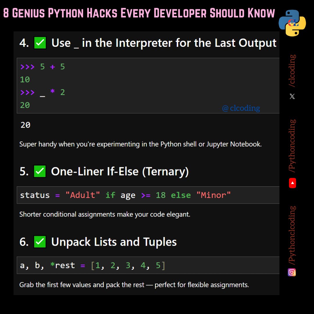 clcoding's tweet image. 8 Genius Python Hacks Every Developer Should Know