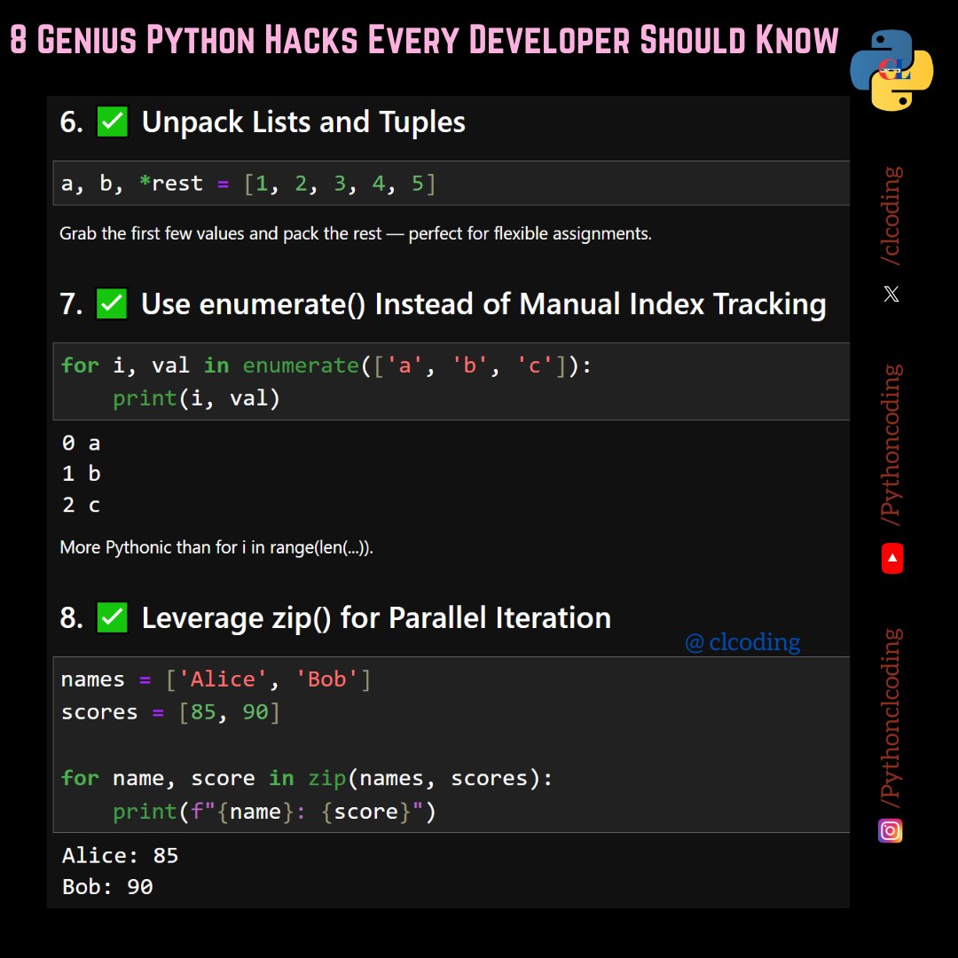 clcoding's tweet image. 8 Genius Python Hacks Every Developer Should Know
