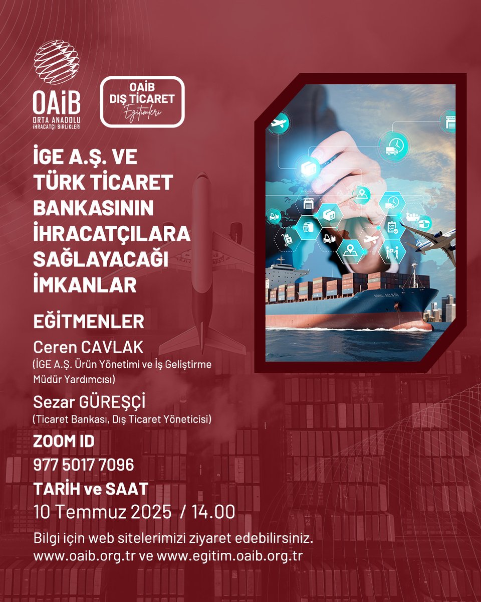 İGE A.Ş. ve Türk Ticaret Bankasının İhracatçılara Sağlayacağı İmkanlar, 10 Temmuz Perşembe günü saat 14.00’te Ceren Cavlak ve Sezar Güreşçi anlatımlarıyla gerçekleşecektir.
Eğitimimize katılmak için profildeki linke tıklayınız.