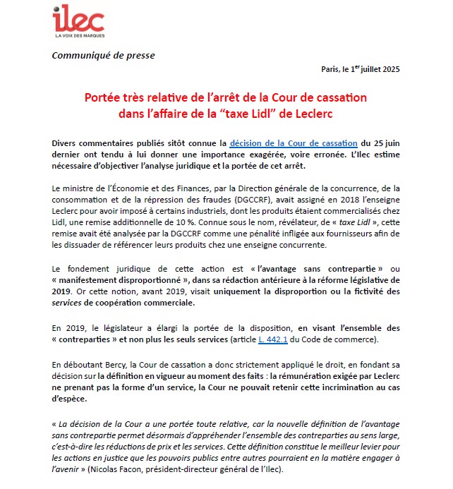 Portée très relative de l’arrêt de la Cour de #cassation dans l’affaire de la “taxe Lidl” de Leclerc : en l’état du droit à l’époque des faits visés, la pénalité infligée aux fournisseurs afin de les dissuader de référencer leurs produits chez une enseigne concurrente ne pouvait