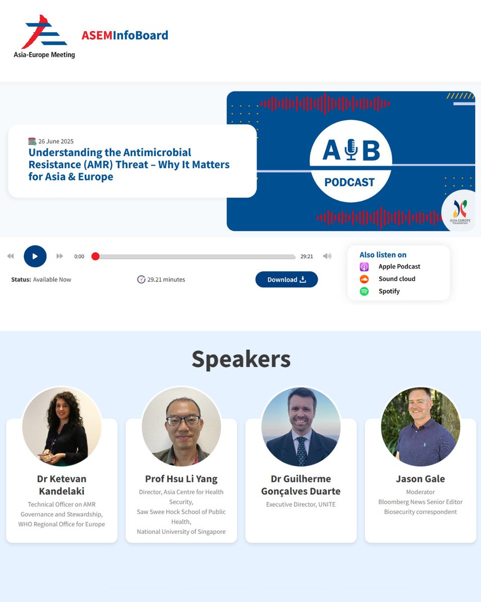 Asia-Europe Meeting (ASEM) (@asiaeuropemtg) on Twitter photo Antimicrobials like antibiotics are losing their power and the threat is global. 🌍
In this #AIBPodcast, experts from <a href="/WHO_Europe/">WHO/Europe</a>, <a href="/UNITE_MPNetwork/">UNITE Parliamentarians Network for Global Health</a> and NUS SSH School of Public Health unpack the rise of #AMR and what we can do to fight back. Listen now:
hubs.ly/Q03vzlwT0 Antimicrobials like antibiotics are losing their power and the threat is global. 🌍
In this #AIBPodcast, experts from <a href="/WHO_Europe/">WHO/Europe</a>, <a href="/UNITE_MPNetwork/">UNITE Parliamentarians Network for Global Health</a> and NUS SSH School of Public Health unpack the rise of #AMR and what we can do to fight back. Listen now:
hubs.ly/Q03vzlwT0