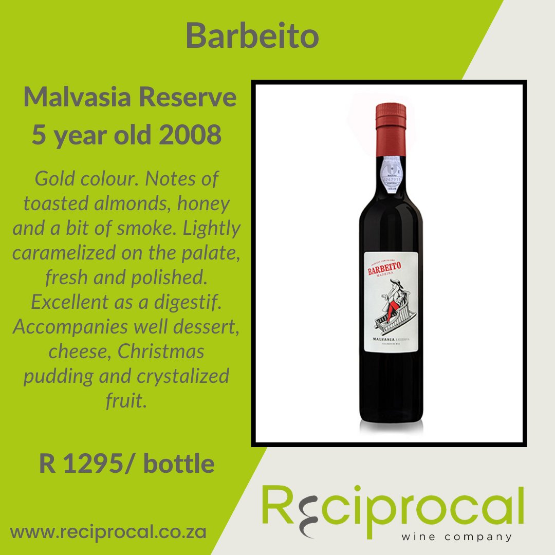 WINE WEDNESDAY

Our featured wine this week is the Malvasia Reserve 5 year old 2008 vintage from Barbeito in Madeira.

View the wine on our website --> reciprocal.co.za/products/malva…

#reciprocalwines #itsreciprocal #winewednesday #barbeito #maderia
