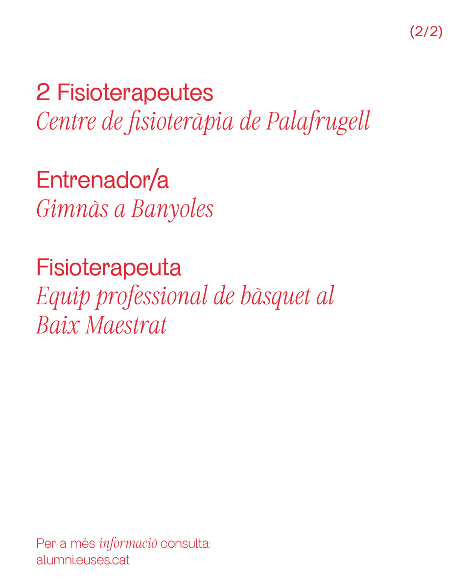 🤔 #WorkAlert | Busques la teva pròxima oportunitat en el sector de la salut i l’esport? A l’EUSES Alumni, connectem graduats amb ofertes professionals.

Vols saber més? 👉 Accedeix a la nostra web!

#EUSESAlumni #EUSES #Fisioteràpia #CAFE  #OfertesLaborals