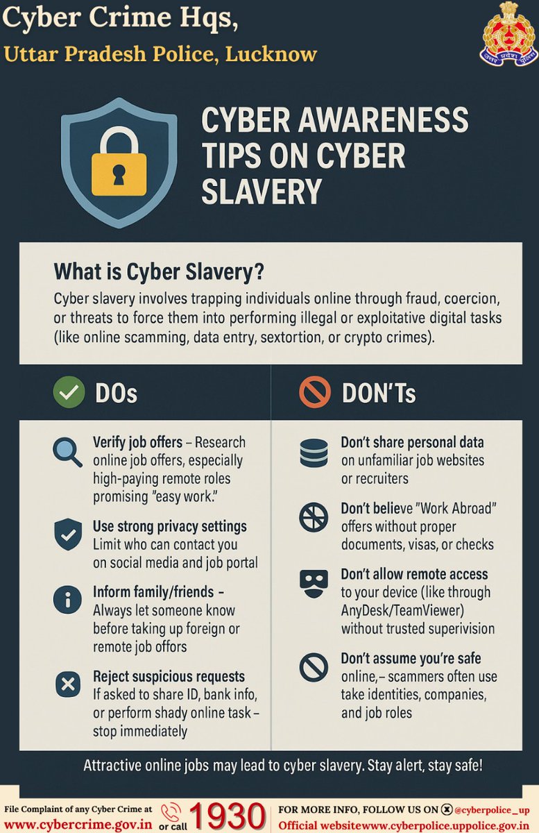फर्जी नौकरी के ऑफर्स से बचें!   ऐसे ऑफर्स से आप #CyberSlavery का शिकार बन सकते हैं। हर जॉब ऑफर को वेरिफाई करें और विदेश जाने के लिए केवल Ministryofexternalaffairs के आधिकारिक माध्यमों का उपयोग करें। 
साइबर सलाह-विदेश में नौकरी का ऑफर आये तो हो जाये सावधान!
 साइबर अपराधियों द्वारा