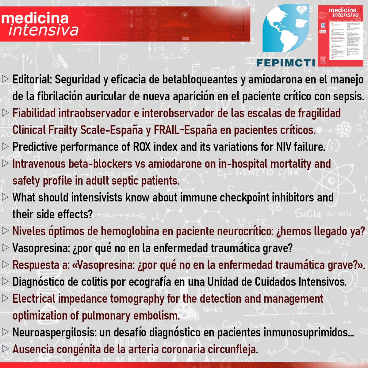 Consulta el sumario del número de julio de la revista Medicina Intensiva y no te pierdas ninguno de los artículos que se publican este mes.
medintensiva.org/es-vol-49-num-…
#divulgación #medicinaintensiva #terapiaintensiva <a href="/intensiva_med/">MedIntensiva</a>
