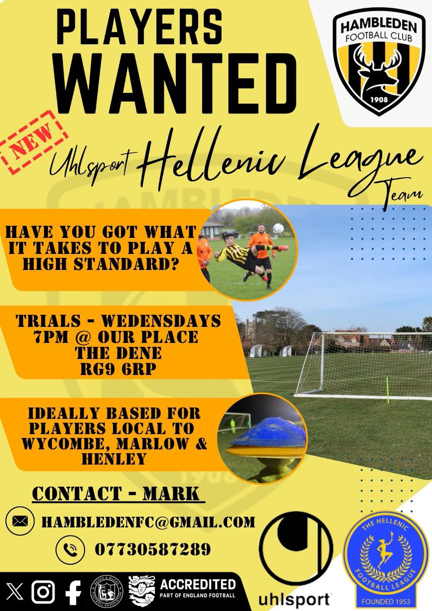 Hambleden FC (@hambledenfc) on Twitter photo Open Trials/training tonight. RG9
6RP. Step 7. Everyone welcome.
<a href="/FreeAgentsFC/">Free Agent Showcase</a> <a href="/NonLeagueGuys/">The Non League Promoters</a> <a href="/ThamesValleyPL/">Thames Valley PL</a> <a href="/EastBerkshireFL/">East Berkshire Football League</a> <a href="/HellenicLeague/">Hellenic League</a> <a href="/HWSFC_tweets/">Wycombe Combination</a> <a href="/BerksandBucksFA/">Berks & Bucks FA</a> <a href="/OxfordshireFA/">Oxfordshire FA ⚽</a> <a href="/Wycombe_GC/">⚽️ Wycombe Grassroots Football Community ⚽️</a> <a href="/fiberkshire/">Football in Berkshire</a> <a href="/bucksfreepress/">Bucks Free Press</a> <a href="/henleystandard/">Henley Standard</a> <a href="/ComCoFL/">Combined Counties Football League</a> <a href="/suburban_league/">Official Suburban football league</a> Open Trials/training tonight. RG9
6RP. Step 7. Everyone welcome.
<a href="/FreeAgentsFC/">Free Agent Showcase</a> <a href="/NonLeagueGuys/">The Non League Promoters</a> <a href="/ThamesValleyPL/">Thames Valley PL</a> <a href="/EastBerkshireFL/">East Berkshire Football League</a> <a href="/HellenicLeague/">Hellenic League</a> <a href="/HWSFC_tweets/">Wycombe Combination</a> <a href="/BerksandBucksFA/">Berks & Bucks FA</a> <a href="/OxfordshireFA/">Oxfordshire FA ⚽</a> <a href="/Wycombe_GC/">⚽️ Wycombe Grassroots Football Community ⚽️</a> <a href="/fiberkshire/">Football in Berkshire</a> <a href="/bucksfreepress/">Bucks Free Press</a> <a href="/henleystandard/">Henley Standard</a> <a href="/ComCoFL/">Combined Counties Football League</a> <a href="/suburban_league/">Official Suburban football league</a>