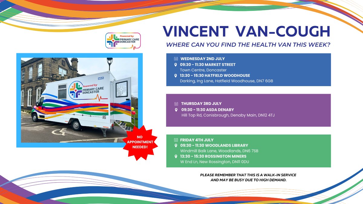 GPFedDoncaster's tweet image. 🚌 #VincentVanCough is on the go again! 

👩‍⚕️👨‍⚕️ Step aboard for GP services - no appointment needed!

Catch us this week across #Doncaster at the locations listed below ⬇️

For more details, please visit:
🔗 primarycaredoncaster.co.uk/services/vince…

#DoncasterHealth