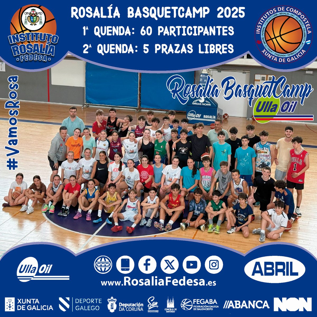 Hoxe, no ecuador da primeira quenda do ROSALIA BASQUETCAMP ULLA OIL 2025, imos ó Aquapark de Cerceda. 60 Participantes de entre 12 e 16 anos están a disfrutar do basquet. #VamosRosa
