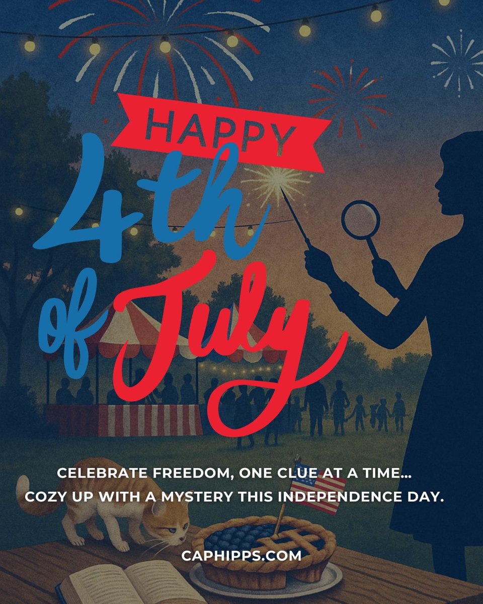 Freedom looks a lot like peace, a blanket, and a twisty cozy mystery. 🇺🇸

What’s your July 4 read?
Celebrate with fireworks, felines, and small-town whodunnits.📚 caphipps.com