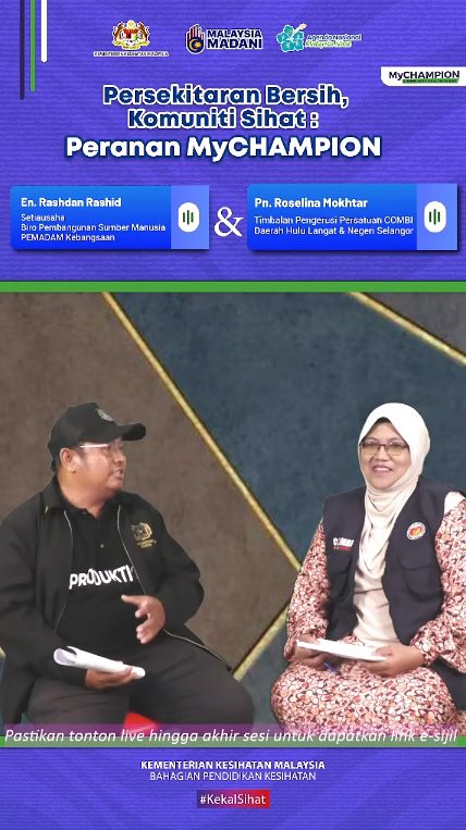 Persekitaran Bersih, Komuniti Sihat : Peranan MyCHAMPION

Saksikan sekarang di tiktok.com/@myhealthkkm/l…