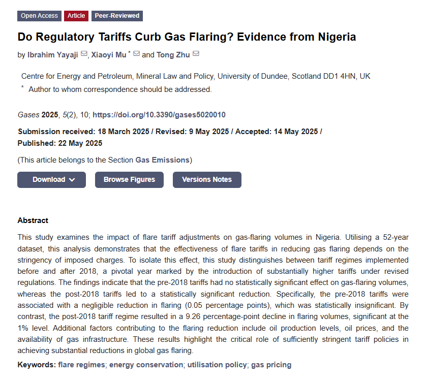 📢 New published paper 
👀 Do Regulatory Tariffs Curb Gas Flaring? Evidence from Nigeria
✍️ by Ibrahim Yayaji, Xiaoyi Mu andTong Zhu
🔗 Full text: mdpi.com/2673-5628/5/2/…
📌 #GasFlaring #FlareRegimes #EnergyConservation