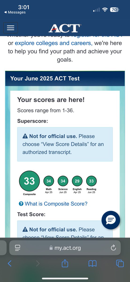 Super great I got a 33 composite ACT score!!