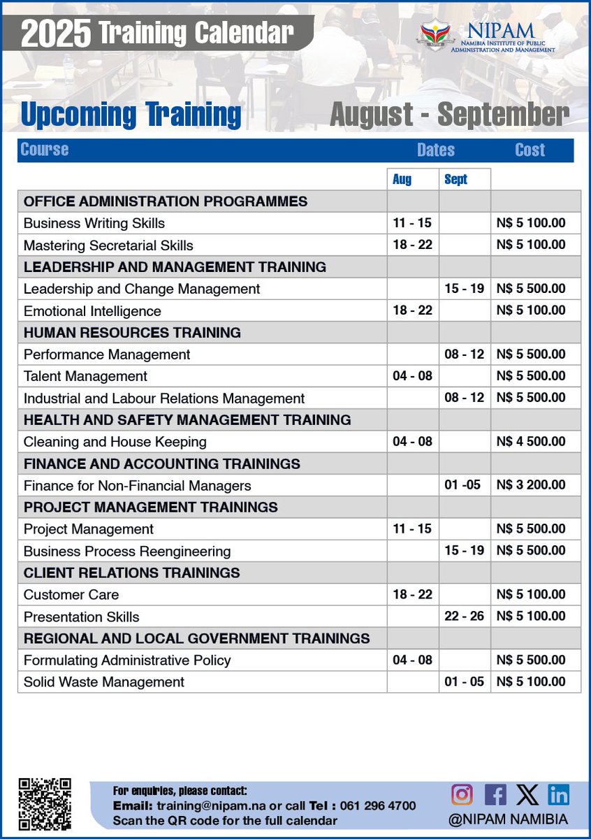 NamibiaNipam's tweet image. Explore a variety of courses tailored to enhance your skills and advance your career.

#TransformingPublicService #nipamtraining
