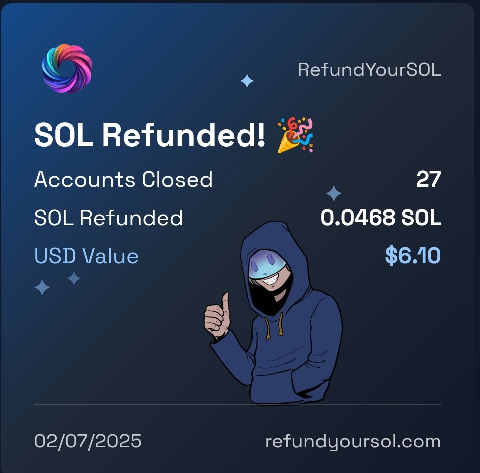Alex Okam (@alex_okam) on Twitter photo <a href="/RefundYourSOL/">RefundYourSOL</a> ALL TASK DONE <a href="/RefundYourSOL/">RefundYourSOL</a>
58GyUEhCDwEYV15ChMvwe4U5X2TiYtbSbFyB1Dnoafr7
You're missing out...
I just got 0.0468 SOL ($6.10) refunded! 💸
It took 15 seconds. Now my #solana wallet’s cleaner *and* richer — shoutout to <a href="/RefundYourSOL/">RefundYourSOL</a> 💜
Go grab yours: refundyoursol.com/CF37D9D1CC9993… <a href="/RefundYourSOL/">RefundYourSOL</a> ALL TASK DONE <a href="/RefundYourSOL/">RefundYourSOL</a>
58GyUEhCDwEYV15ChMvwe4U5X2TiYtbSbFyB1Dnoafr7
You're missing out...
I just got 0.0468 SOL ($6.10) refunded! 💸
It took 15 seconds. Now my #solana wallet’s cleaner *and* richer — shoutout to <a href="/RefundYourSOL/">RefundYourSOL</a> 💜
Go grab yours: refundyoursol.com/CF37D9D1CC9993…