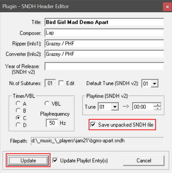 DefenceForceOrg's tweet image. In case that can be useful: SNDH files are ICE! packed, so you need to depack them before you can play them.
The JAM player has a built-in depacker that can be used to resave the file. Just click the "i" button on the main UI, check the "Save unpacked SNDH file" and clickUpdate