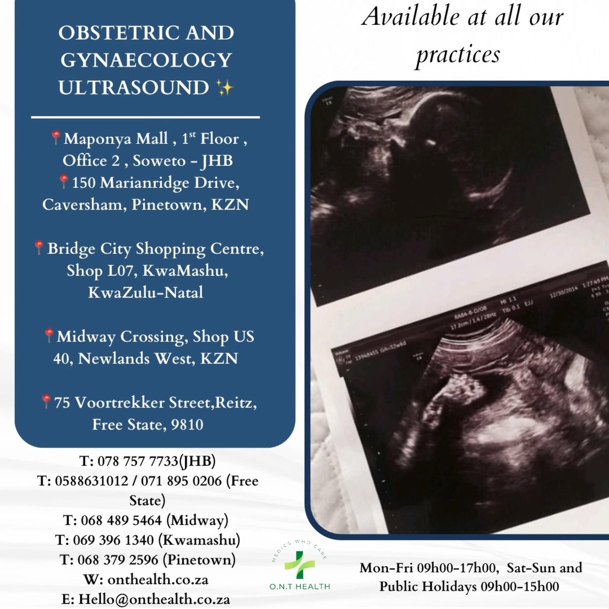 MedicsWhoCare's tweet image. OBSTETRIC AND GYNAECOLOGY ULTRASOUND ✨
Available at all our practices
Walk-ins are welcome
Operating hours today : 09:00-17:00 💚
By Dr. Vilakazi @OlwethuVilakazi