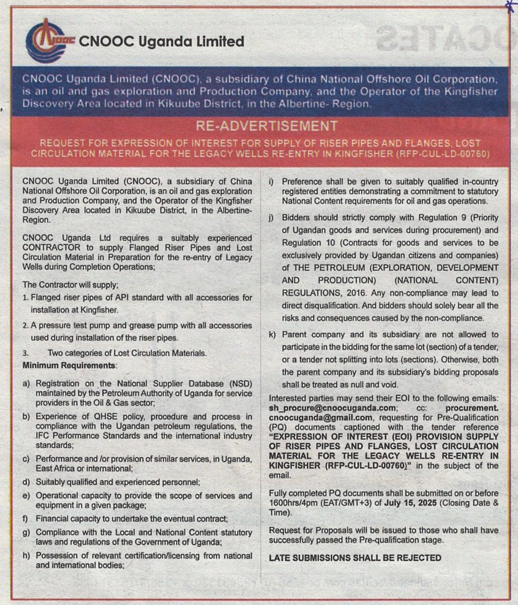 UNABSEC_UG's tweet image. New Tender Alert! 🏗️🚧

Check out these fresh opportunity from @CNOOCUgandaLtd &amp;amp; @unmissmedia and apply now!

#UNABSECTenderPortal