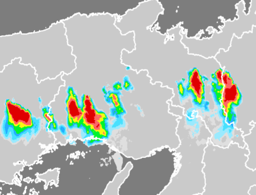 先刻から大雨警報の速報が頻繁に入るんでウェザーニュースを見てみたらこんな感じ。 積乱雲が暴れてるのか。