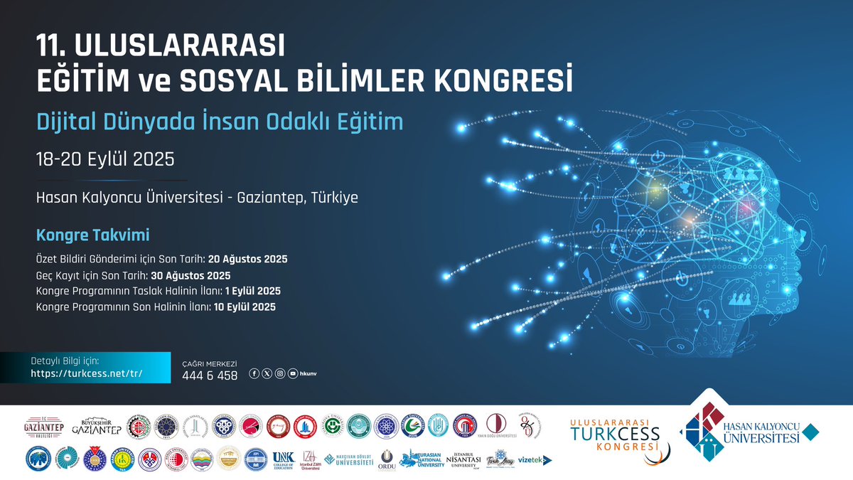 📣 Dijital çağda insanı merkeze alan eğitim anlayışını tartışmak üzere, ulusal ve uluslararası akademisyenlerin bir araya geldiği, 11. Uluslararası Eğitim ve Sosyal Bilimler Kongresi;

📌 Dijital Dünyada İnsan Odaklı Eğitim teması ile,
📅 18-20 Eylül 2025 tarihlerinde,
📍 Hasan