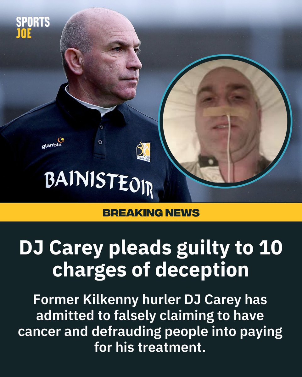 BREAKING: Former Kilkenny hurler DJ Carey has pleaded guilty to 10 charges of deception. ⁠
⁠
Carey is in court today and has admitted to falsely claiming to have cancer and defrauding people into paying for his treatment.