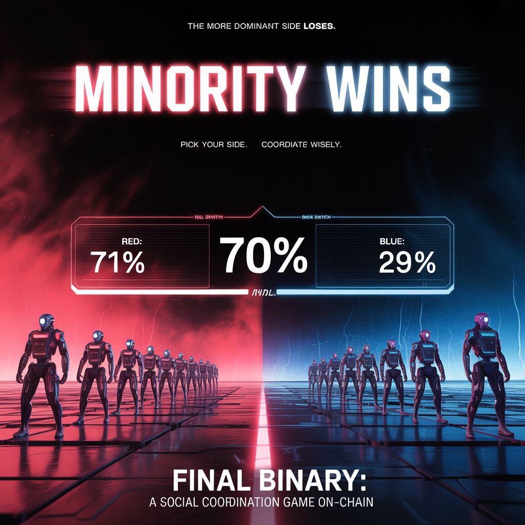 MaxCrypto888's tweet image. 🧵 Final Binary: The Web3 Game Where Too Much Power Triggers Collapse

Imagine a game where the more dominant side loses.
Final Binary just launched — and it’s rewriting the rules of Web3 gaming.
Pick RED or BLUE. But if one team passes 70% support?
They lose.
#FinalBinary…