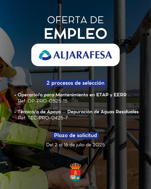 📢 Abierto proceso de selección en <a href="/Aljarafesa/">Aljarafesa</a> en Tomares
🔷 personal técnico de apoyo
🔷 personal operario para mantenimiento ETAP Y EERR

Plazo hasta📆16/07 ⏰12:00h

vía <a href="/Ayto_Valencina/">Ayto. Valencina (Sevilla)</a> de la Concepción 
👉 goo.su/kdINz

🗺️ #TomaresEmpleo #EmpleoSE #NoticiasSEV