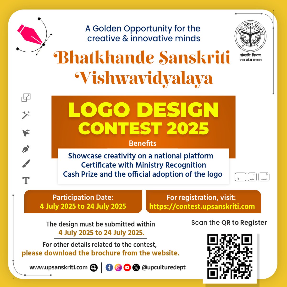 Department of Culture, UP (@upculturedept) on Twitter photo Logo Design Contest 2025!
Bhatkhande Sanskriti Vishwavidyalaya invites creative minds to design its new logo. <a href="/BCULucknow/">Bhatkhande Sanskriti Vishwavidyalaya</a>
🏆 National platform | Certificate | Cash Prize
🗓️ 4–24 July 2025
👉 Register now: contest.upsanskriti.com
#LogoDesign #DesignContest
<a href="/jaiveersingh099/">Jaiveer Singh</a> Logo Design Contest 2025!
Bhatkhande Sanskriti Vishwavidyalaya invites creative minds to design its new logo. <a href="/BCULucknow/">Bhatkhande Sanskriti Vishwavidyalaya</a>
🏆 National platform | Certificate | Cash Prize
🗓️ 4–24 July 2025
👉 Register now: contest.upsanskriti.com
#LogoDesign #DesignContest
<a href="/jaiveersingh099/">Jaiveer Singh</a>