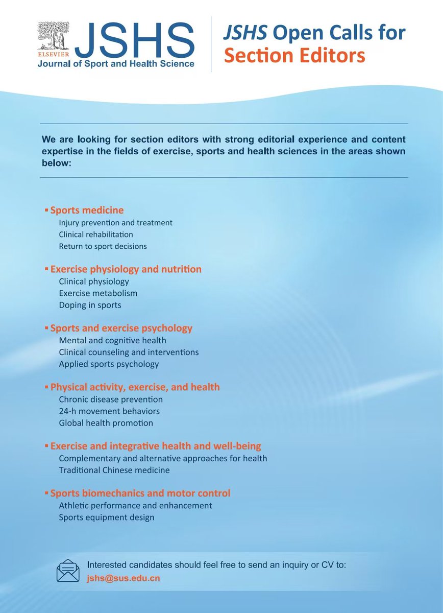 Journal of Sport and Health Science (JSHS) (@jshs_medhealth) on Twitter photo Would you like to become our section editor? Come to our booth #25 and talk with our editors.
#ECSS2025 Would you like to become our section editor? Come to our booth #25 and talk with our editors.
#ECSS2025