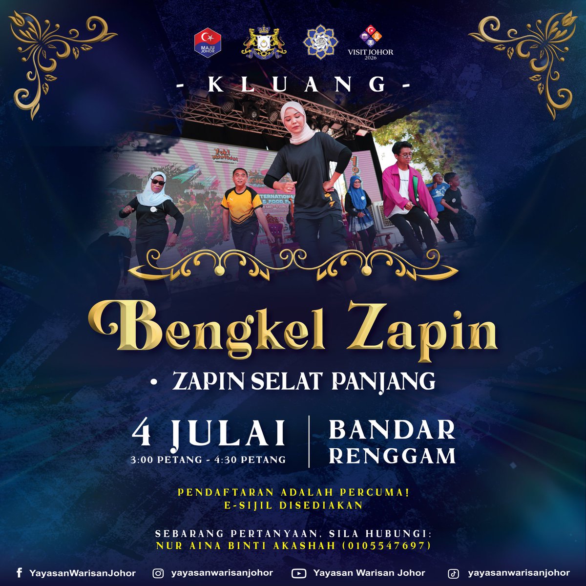 johorevent's tweet photo. JELAJAH LESTARI ZAPIN x MAJESTIC JOHOR DAERAH KLUANG 🤩

Jom beramai-ramai datang memeriahkan Jelajah Lestari Zapin (LesZ) x Majestic Johor Daerah Kluang yg akan berlangsung pada  4&amp;5 Julai 2025 bertempat di Bandar Renggam, Kluang, Johor. Pelbagai aktiviti menarik ada! https://t.co/tfhN6dKaMA