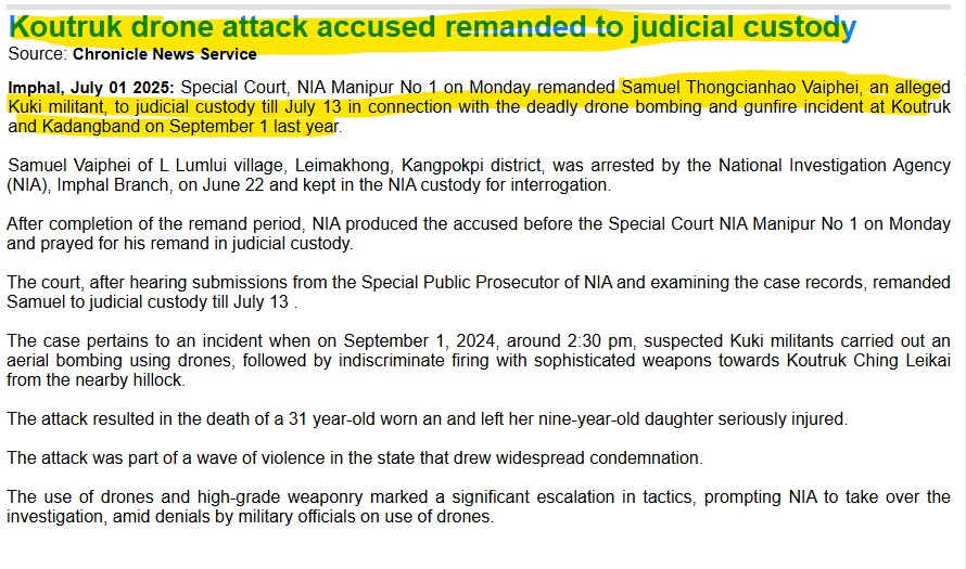 BREAKING: <a href="/NIA_India/">NIA India</a> arrests Kuki narco terrorist who led the drone bombing of Koutruk village in Manipur.

Samuel Vaiphei is a cadre of the SoO militant group KNF-P.

Not only terrorist Samuel Vaiphei broke the SoO ground rules, he conducted the FIRST DRONE BOMBING ON INDIAN