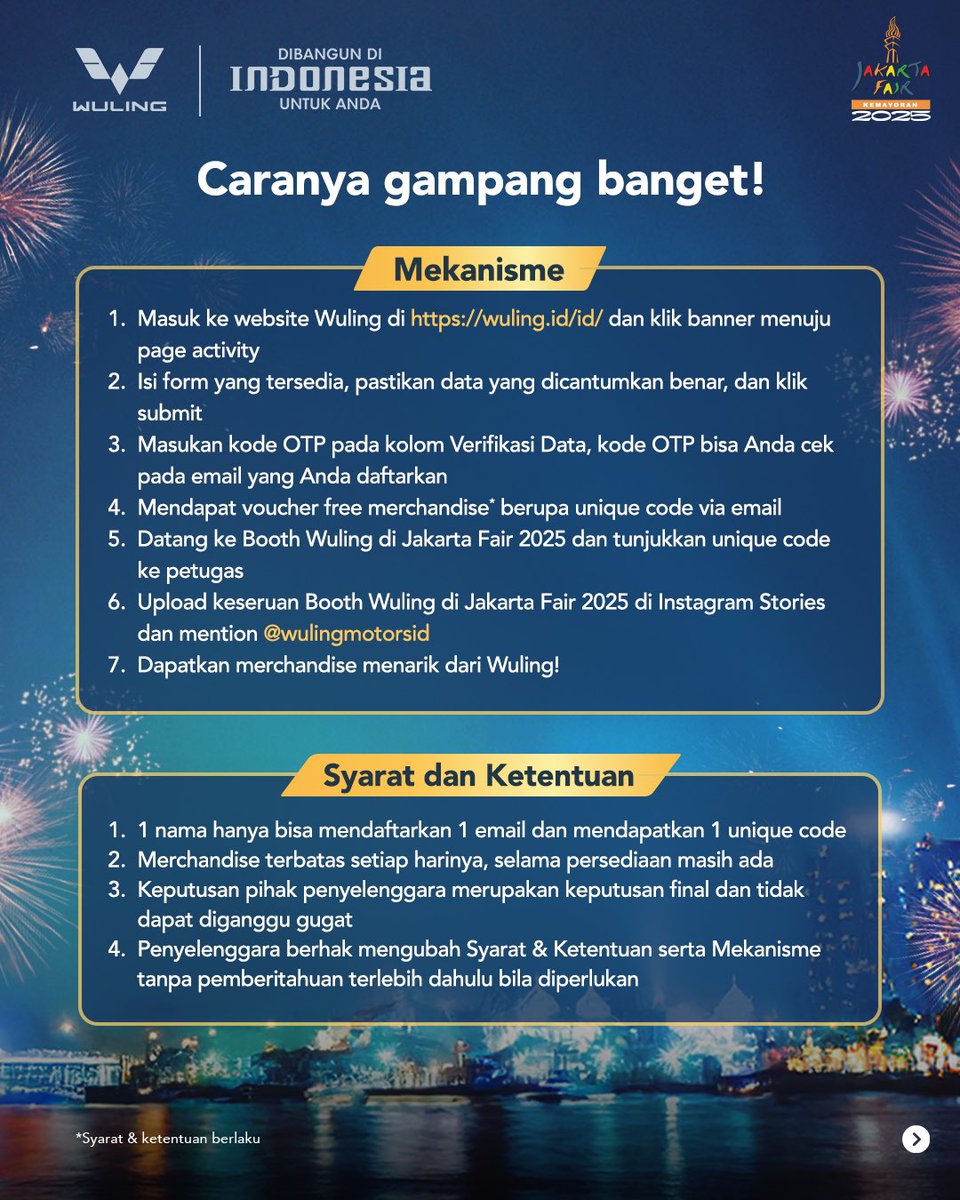 WulingMotorsID's tweet photo. Caranya gampang banget, lho. Kamu hanya perlu mengikuti cara yang ada di postingan di atas ini secara lengkap! Kapan lagi bisa bisa bawa pulang merchandise menarik ini di Jakarta Fair 2025!
#WulingMotors #DriveForABetterLife #DriveForAGreenLife #WulingSALE8ration #NewAirev https://t.co/TlFuUt4M33