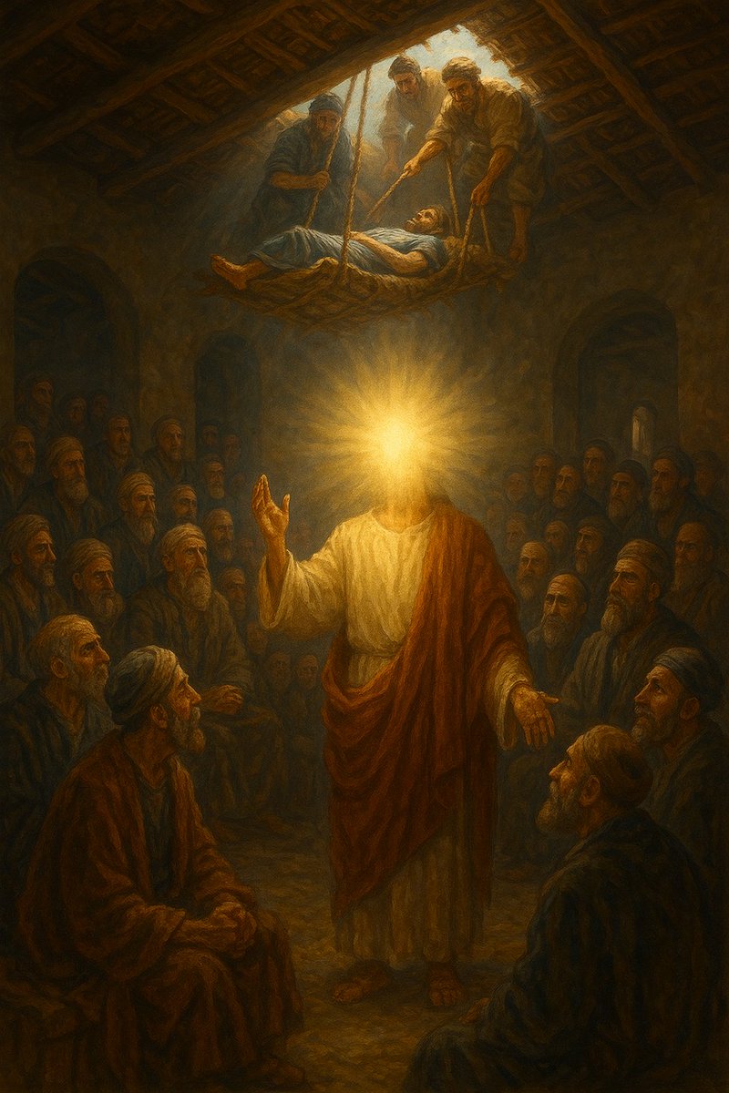 Bir gün İsa öğretiyordu. Celile'nin ve Yahudiye'nin bütün köylerinden ve Yeruşalim'den gelen Ferisiler'le Kutsal Yasa öğretmenleri O'nun çevresinde oturuyorlardı. İsa, Rab'bin gücü sayesinde hastaları iyileştiriyordu. O sırada birkaç kişi, yatak üzerinde taşıdıkları felçli bir