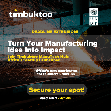 UNDPEthiopia's tweet photo. 📢Are you an aspiring #African #startup in the manufacturing technology sector?
The deadline for applications to join the @timbuktooafrica #ManuTech Hub second cohort is extended to⌛ 10 July 2025.
🟢Read more and apply https://t.co/p4ba7JAiku https://t.co/iAAbVVKdmJ