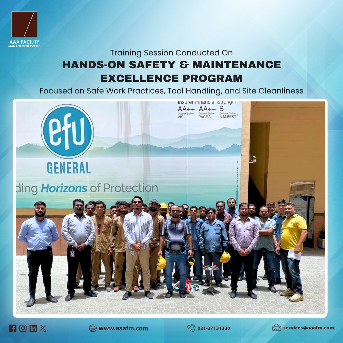 AAAFMPvtLtd's tweet photo. Empowering Our Team with Practical Skills!
A hands-on session covering safety, tools handling, work at height & site cleanliness to ensure safe and efficient facility operations.
#AAAFacilityManagement #SafetyFirst #TeamEmpowerment #FacilityManagement #WorkplaceSafety https://t.co/QcXEmvgxcg