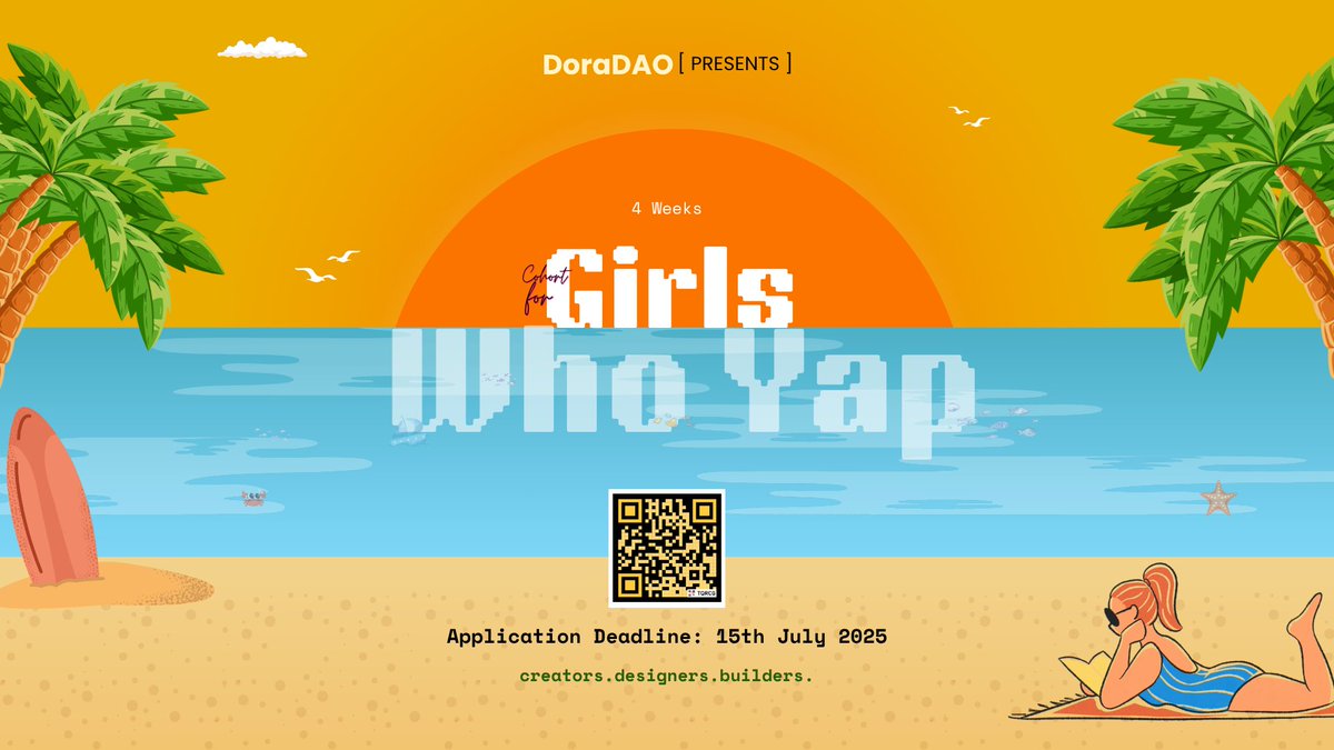dora_dao's tweet image. 🚨 Applications Are Now LIVE! 🚨
The Girls Who Yap Fellowship is officially open for entries 🧡
This fellowship is for YOU.
🫳Scan the QR code attached to apply or learn more.
Spots are limited. Energy is unmatched. And the future? We're yapping it into existence.