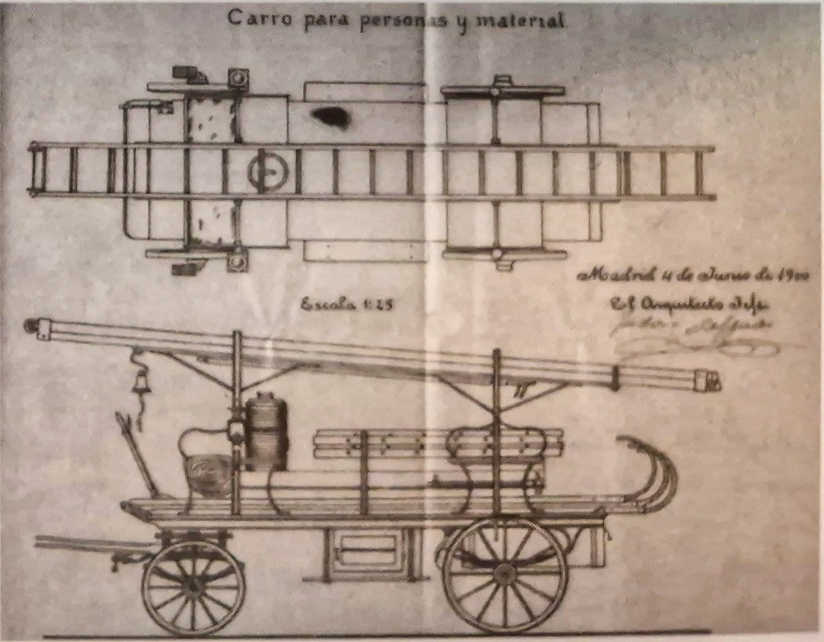 Carro para personal y material, diseñado por el propio director en 1900 y construido en la casa #Magirus
Podía transportar un conductor y 7 bomberos, así como escalas de diferentes sistemas. Además, un Aparato Paulín para fuegos de sótanos, una manga cerrada de salvamento, etc.
