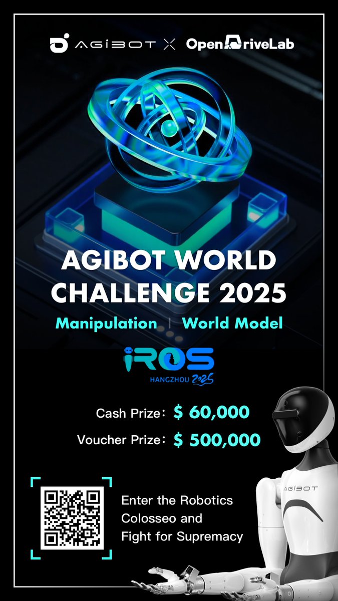 AgiBot World (@agibotworld) on Twitter photo Compete for a $560,000 Prize Pool at IROS 2025 AgiBot World Challenge! đź’°
The AgiBot World Challenge – Manipulation Track is LIVE! Hosted by @AgiBot and <a href="/OpenDriveLab/">OpenDriveLab</a> at #IROS2025.
🚀 Challenge: Tackle 10 complex Sim2Real manipulation tasks.
🛠️ Resources: Access a unique Compete for a $560,000 Prize Pool at IROS 2025 AgiBot World Challenge! 💰
The AgiBot World Challenge – Manipulation Track is LIVE! Hosted by @AgiBot and <a href="/OpenDriveLab/">OpenDriveLab</a> at #IROS2025.
🚀 Challenge: Tackle 10 complex Sim2Real manipulation tasks.
🛠️ Resources: Access a unique