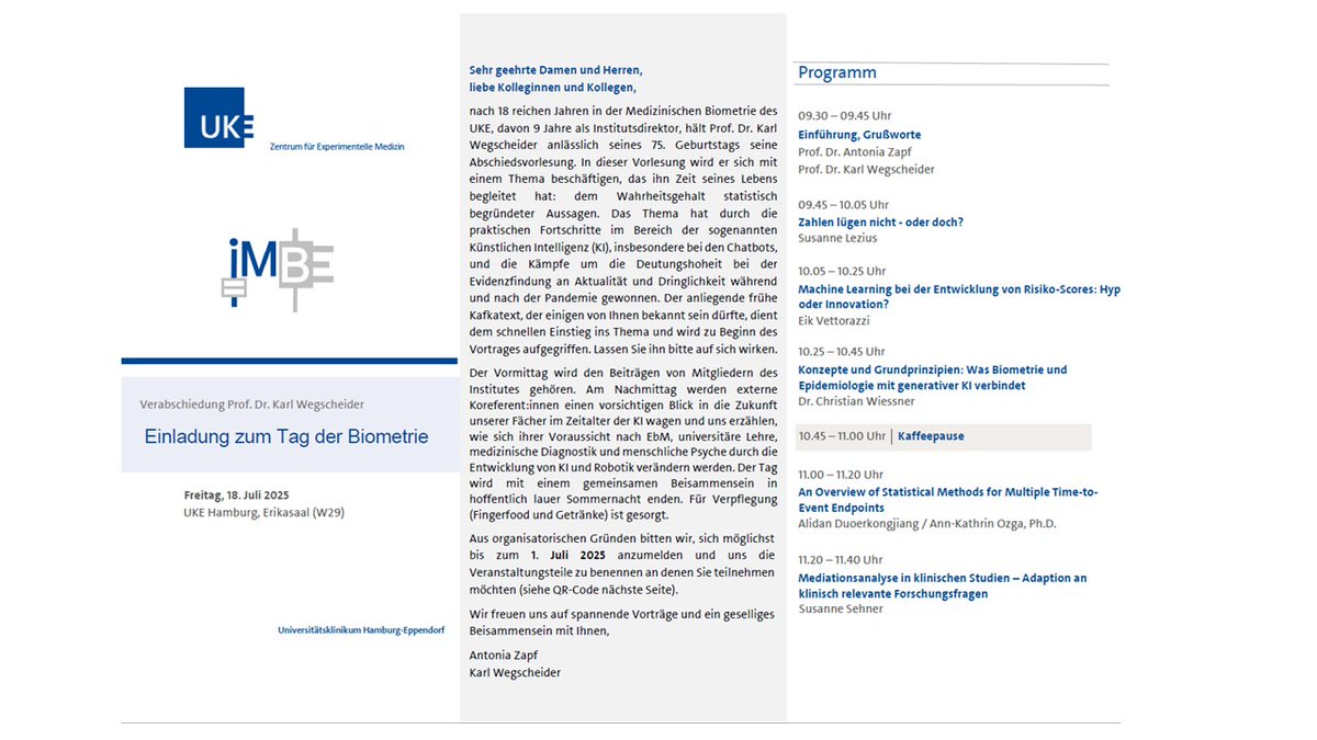 Tag der #Biometrie am UKE und Abschiedsvorlesung von Prof. Dr. Karl Wegscheider anlässlich seines 75. Geburtstags!😊
Das #AFNET bedankt sich bei seinem langjährigen Mitglied  für die wertvolle Zusammenarbeit und wünscht von Herzen alles erdenklich Gute❣️