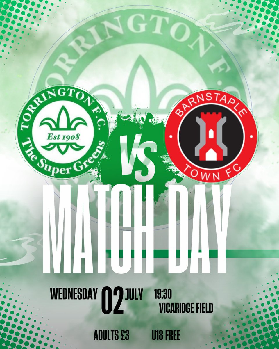Torrington FC (@torringtonfc) on Twitter photo MATCH DAY
🆚 <a href="/Official_BTFC/">Barnstaple Town Football Club</a>
⏰19:30
🏆 Pre-Season Friendly
📌 Vicarage Fields, EX38 7AJ
💷 £3 Adult FREE U18
<a href="/swsportsnews/">South West Sports News</a> <a href="/swpleague/">WALTER C. PARSON PENINSULA LEAGUE</a>
#supergreens
Refreshments available MATCH DAY
🆚 <a href="/Official_BTFC/">Barnstaple Town Football Club</a>
⏰19:30
🏆 Pre-Season Friendly
📌 Vicarage Fields, EX38 7AJ
💷 £3 Adult FREE U18
<a href="/swsportsnews/">South West Sports News</a> <a href="/swpleague/">WALTER C. PARSON PENINSULA LEAGUE</a>
#supergreens
Refreshments available
