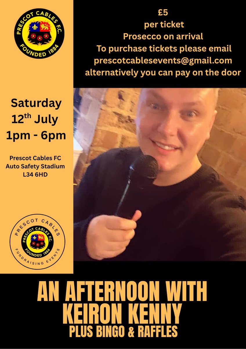 For our next event, we invite you to join us for an Afternoon with Keiron Kenny!
🥂 £5 per ticket – includes a glass of prosecco on arrival!
Tickets available via email or pay on the door!
Details in poster!
Let’s make this afternoon unforgettable 🥳🥂💛🖤