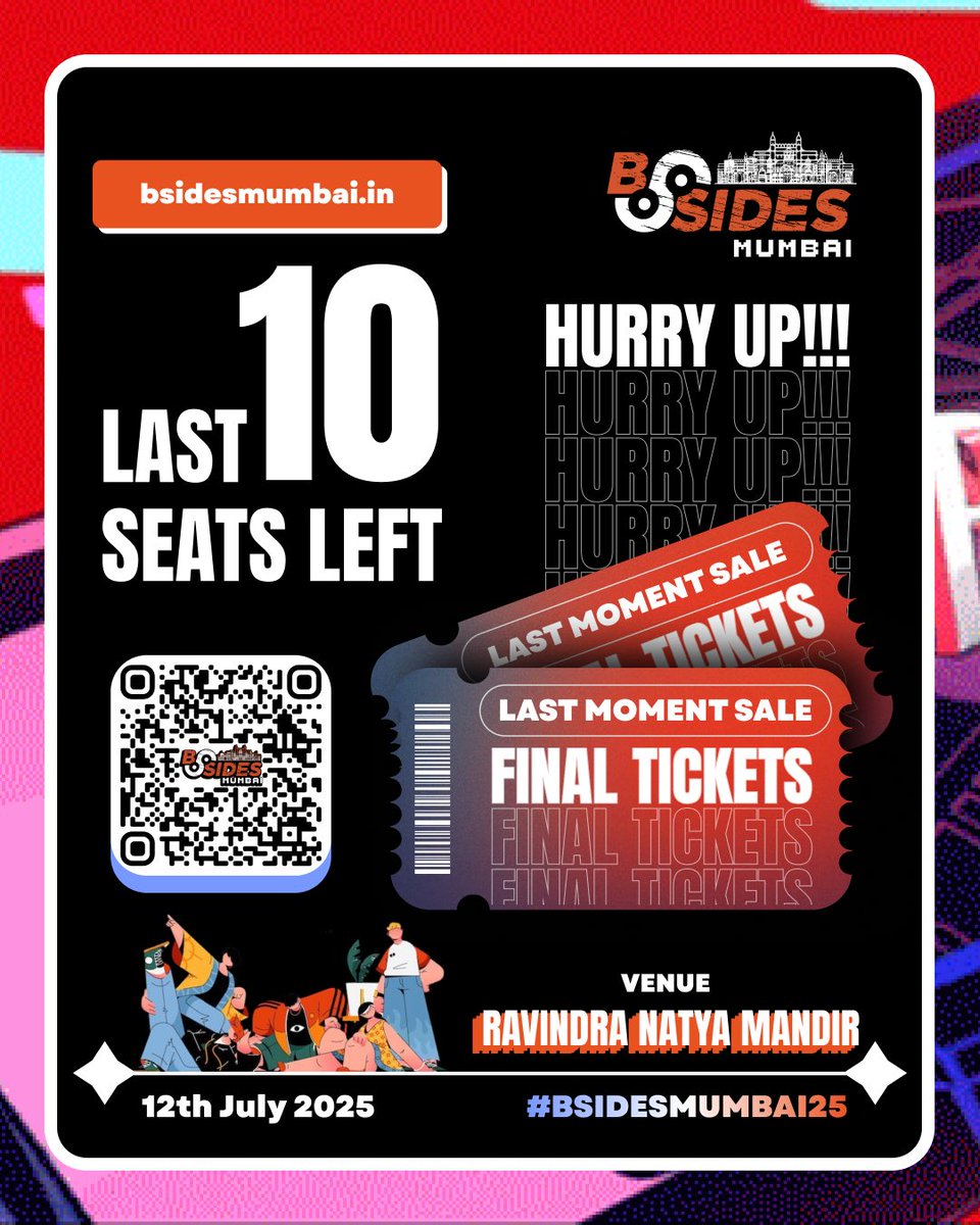 Only 10 individual seats left! Book your ticket now before they're gone😲🔥
🗓️12th July 2025
📍Venue : Ravindra Natya Mandir, Prabhadevi, Mumbai 
🔗 bsidesmumbai.in 

#bsidesmumbai25 #bsidesmumbai2025 #sale #lasttickets #infosec #conference #cybersecurity